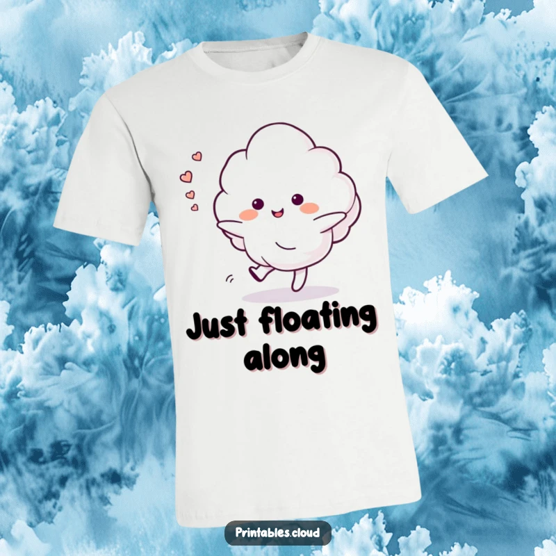 Funny t-shirt depicting a cloud character gracefully dancing, leaving a whimsical trail of happy sighs, conveying peace and joy.