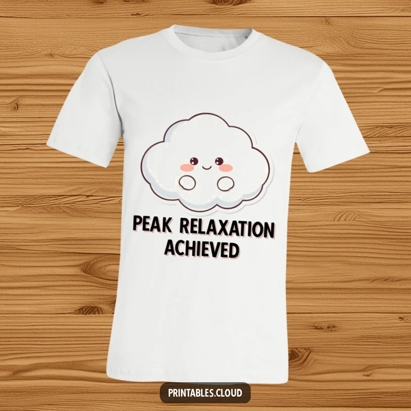 Funny Cloud T-Shirt: A blissfully lazy cloud character smiling contentedly, embodying ultimate chill and humor for a relaxed fit.