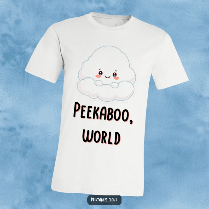 Funny T-Shirt: A cute cloud character playfully peeking from behind a larger, smiling cloud, full of innocent mischief.