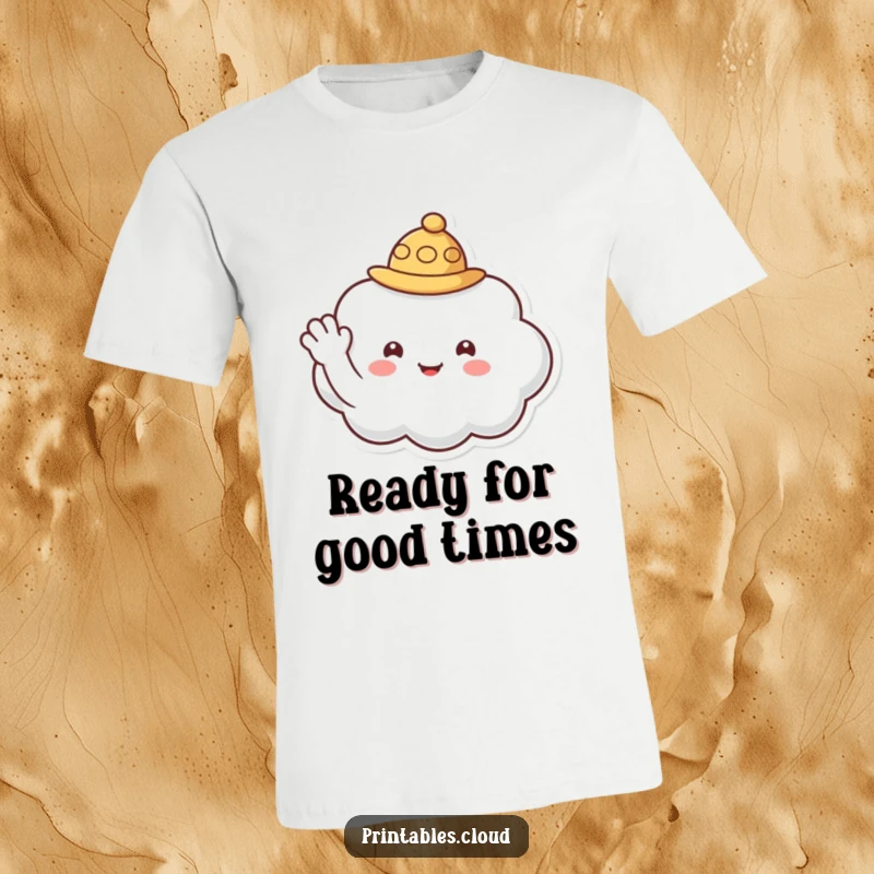 Funny t-shirt showcasing a cute cloud character sporting a tiny hat and extending a warm, friendly wave.