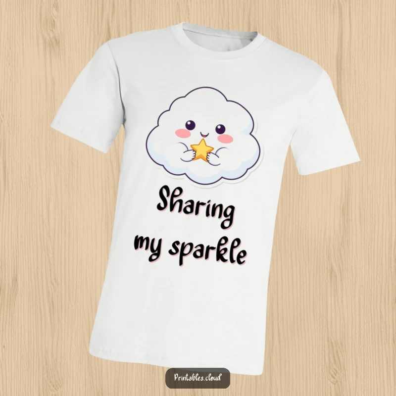 Funny t-shirt showing a happy cloud character holding out a sparkling star, representing sharing light and positivity.