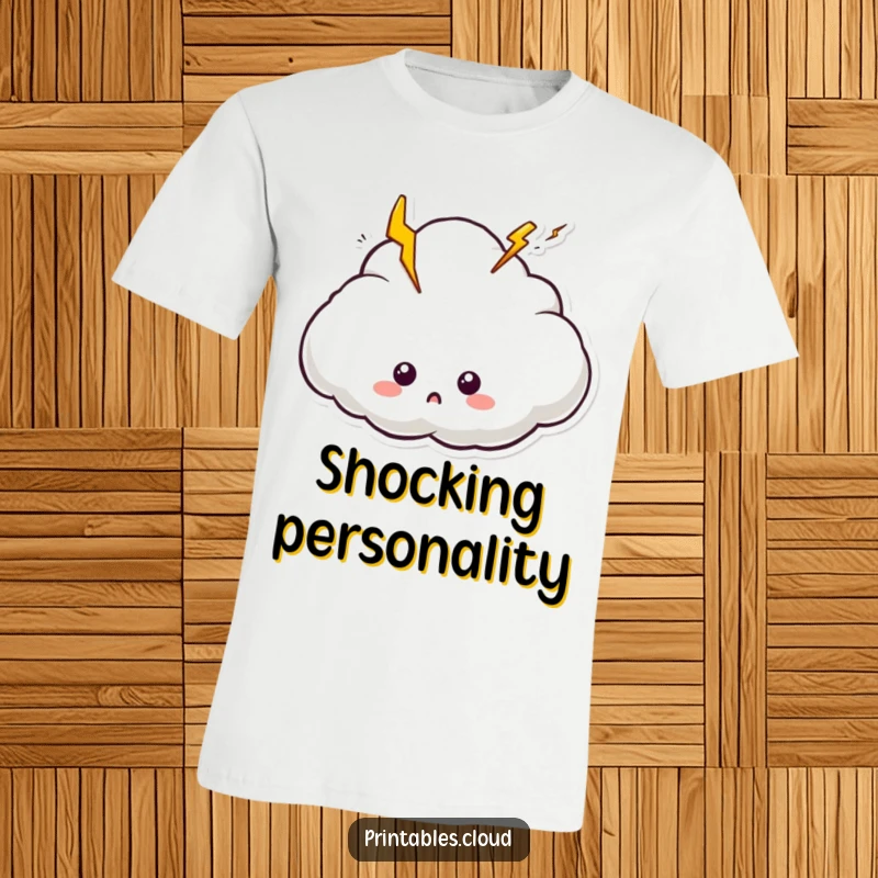Funny t-shirt depicting a wide-eyed cloud character with electric lightning bolts popping out, showcasing surprise.