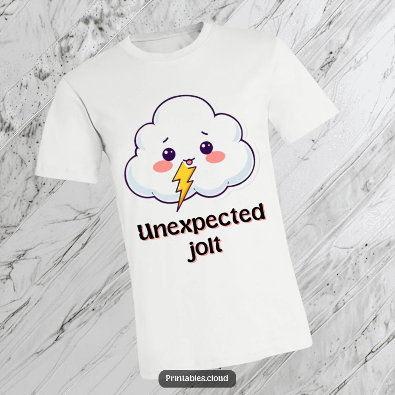Funny Surprised Cloud T-Shirt showing a startled cloud character reacting to a tiny, giggling lightning bolt, perfect for a playful look.