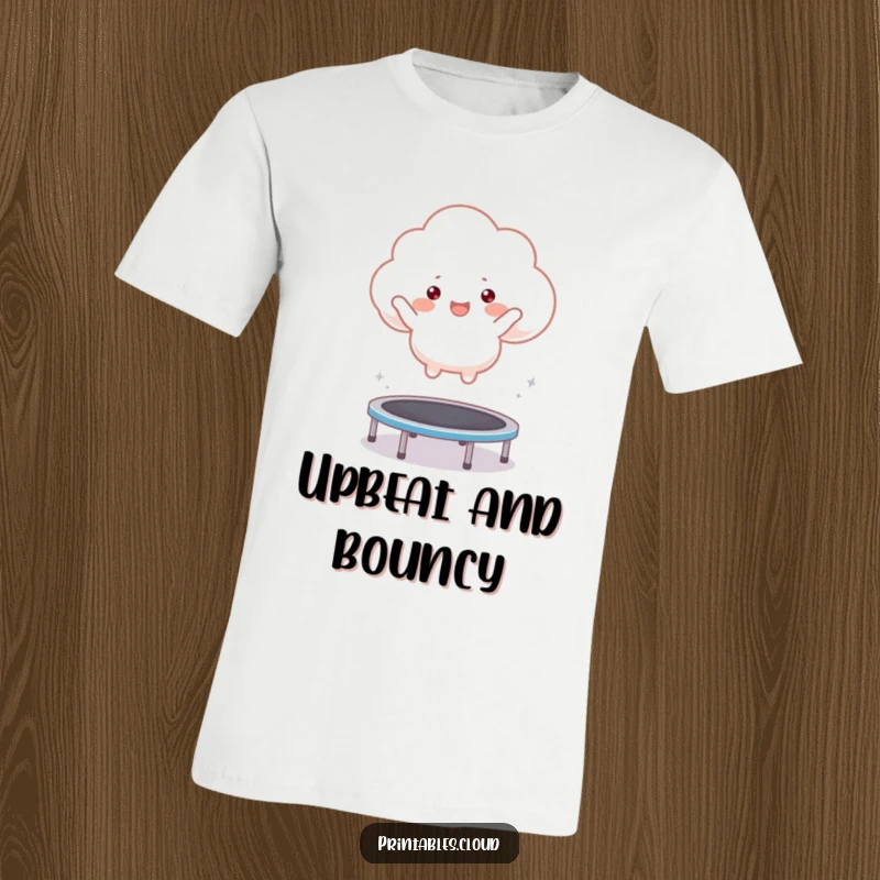 Funny t-shirt depicting a fluffy cloud character leaping with joy on a tiny trampoline, radiating pure amusement.