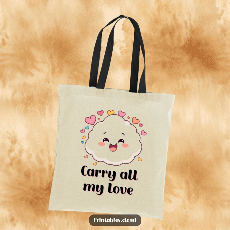 Funny tote bag with a wide-grinning fluffy cloud character playfully raining a shower of colorful heart shapes.