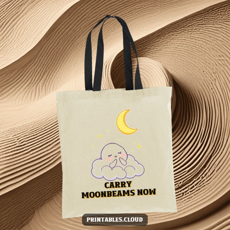 Funny tote bag featuring a cloud character singing a lullaby to a crescent moon, perfect for carrying books and everyday essentials.