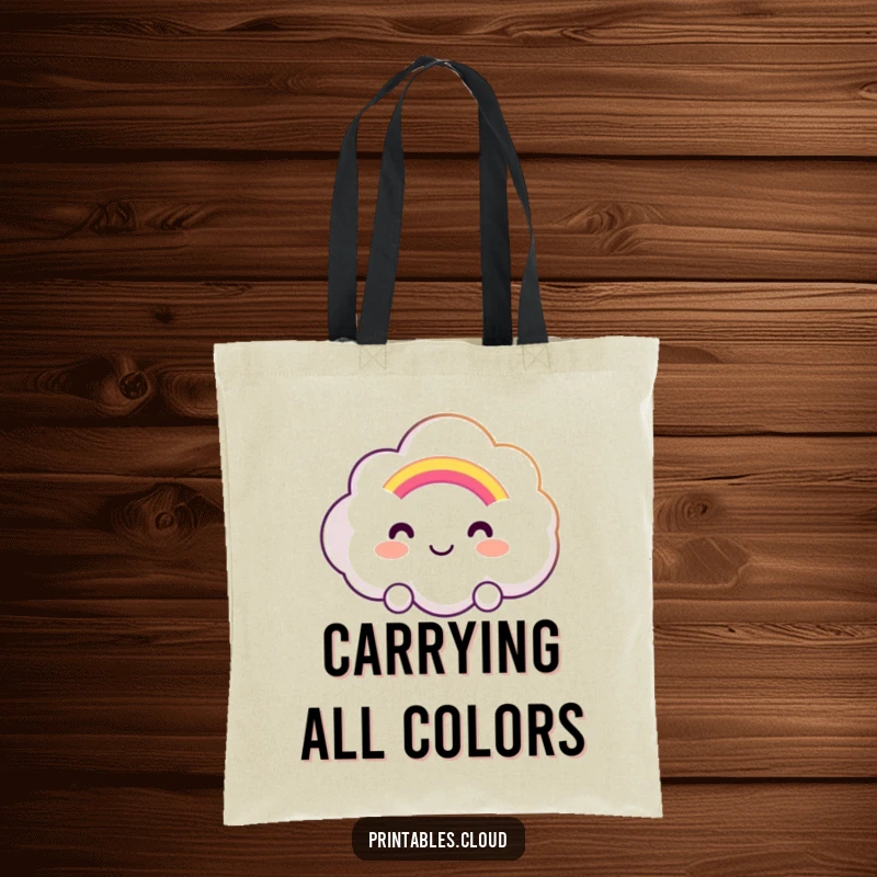 Funny tote bag with a smiling cloud character presenting a soft, glowing rainbow, perfect for carrying essentials with a cheerful message.