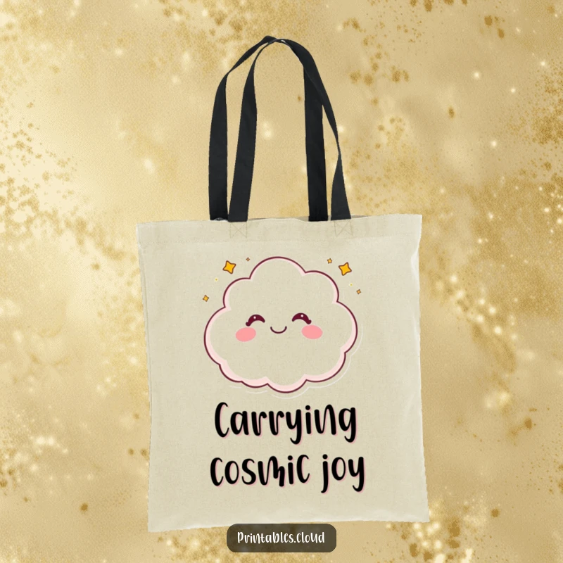 Funny tote bag with a happy, giggling cloud character sprinkling a delightful shower of tiny, twinkling stars.
