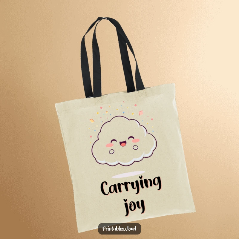 Funny Tote Bag: A joyful cloud character showers tiny light particles as confetti, a humorous and celebratory accessory.