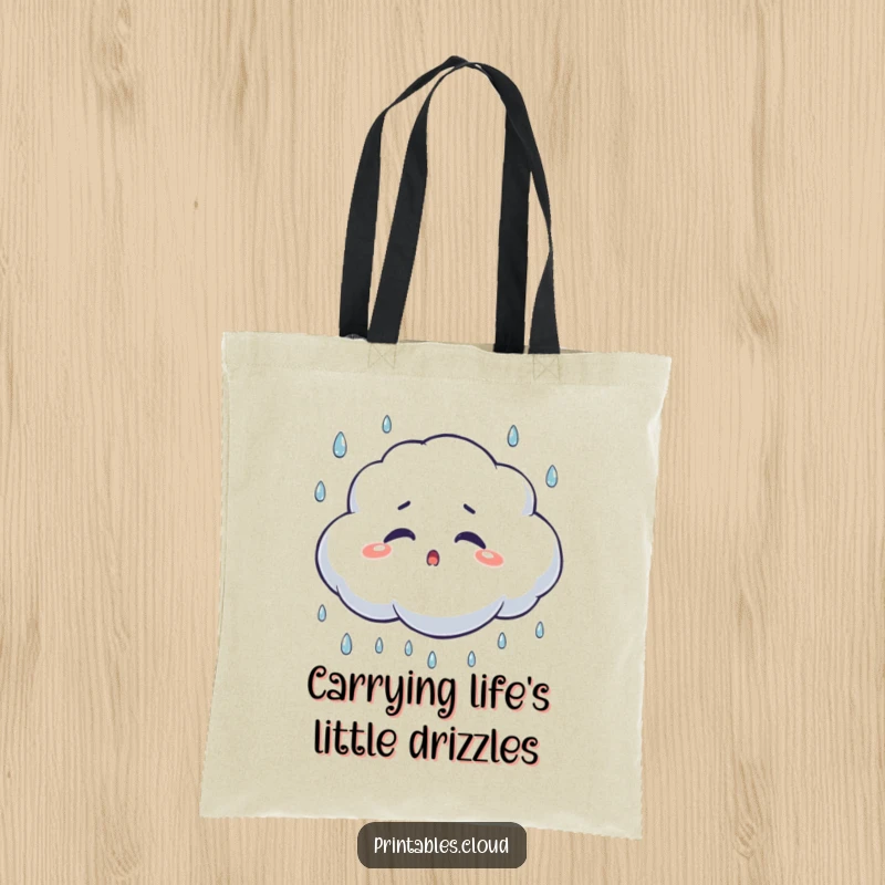 Funny surprised cloud tote bag, blinking with falling raindrops, a humorous and practical accessory for everyday use.