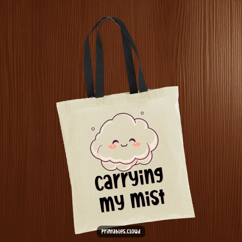 Funny giggling cloud character, making mist art, on a durable tote bag, a humorous accessory for carrying supplies.