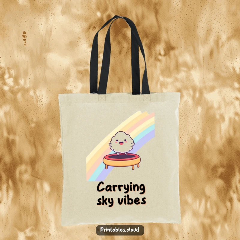 Funny tote bag showing a happy cloud character bouncing on a rainbow trampoline, perfect for carrying joy and essentials.