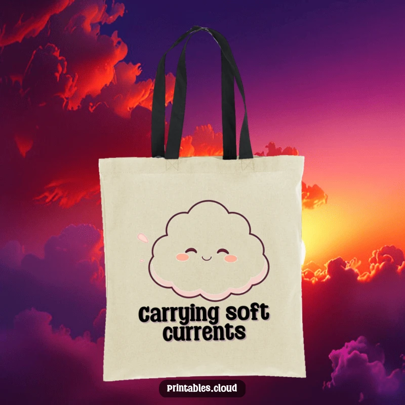 Funny giggling cloud tote bag, blowing a gentle fluffy breeze, a humorous and practical accessory for carrying essentials.