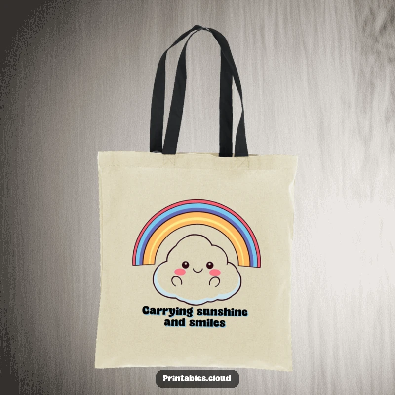 Funny happy cloud floating with rainbow arching over it tote bag, vibrant design, practical humor, excellent funny gift.