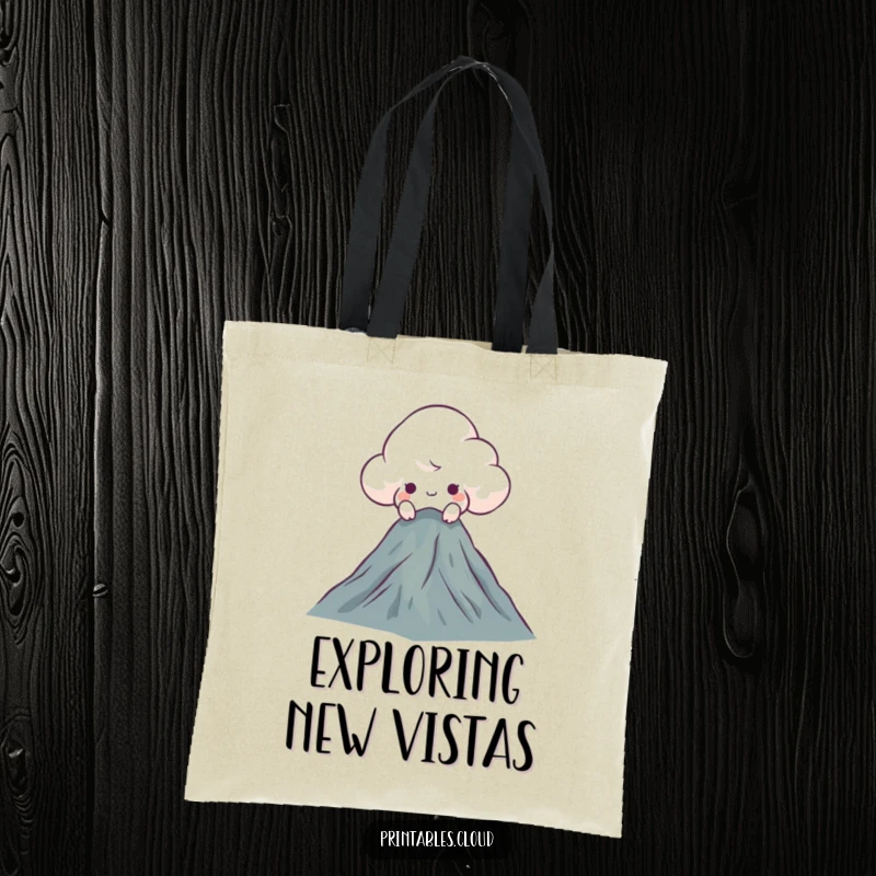 Funny curious cloud tote bag, peeking over a mountaintop, a humorous and practical accessory for carrying essentials.