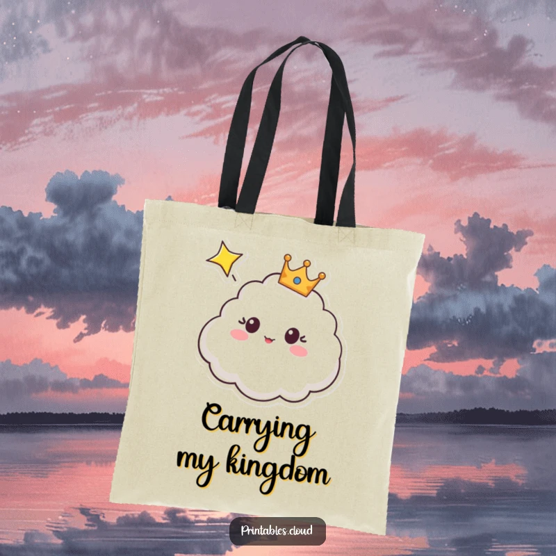 Funny tote bag showcasing a crowned cloud character with a surprised expression, watching a shooting star streak across the sky.