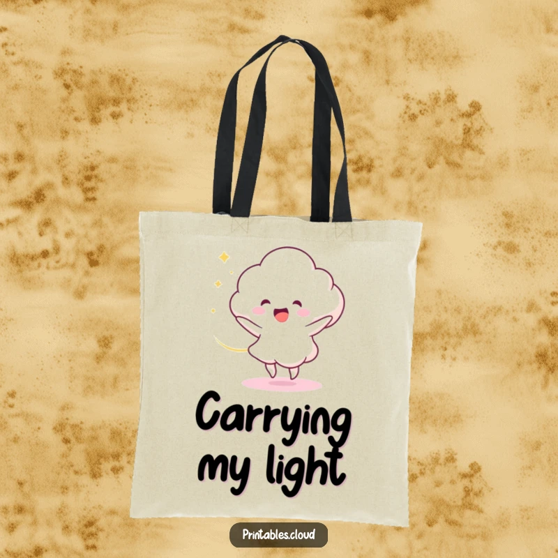 Funny Tote Bag: A delighted cloud character dances with enthusiasm, trailing a magical swirl of light, a humorous and stylish accessory.