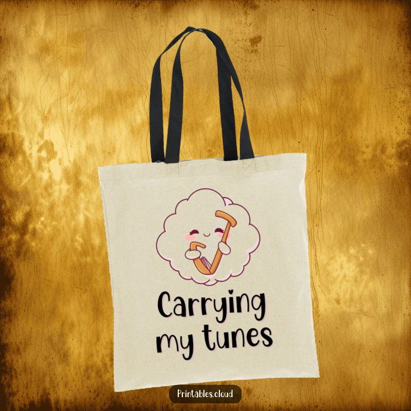 Funny tote bag with a cheerful cloud character floating and playing a gentle harp, perfect for carrying essentials with joy.