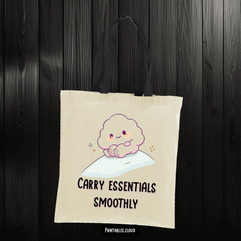 Funny Tote Bag: A cloud character happily sliding down a gentle, misty slope, perfect for carrying essentials with ease.