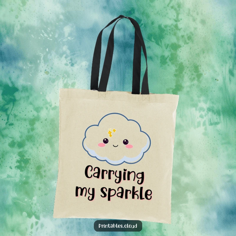 Funny Tote Bag with a cloud character holding a speech bubble with a shining twinkle, perfect for carrying essentials.