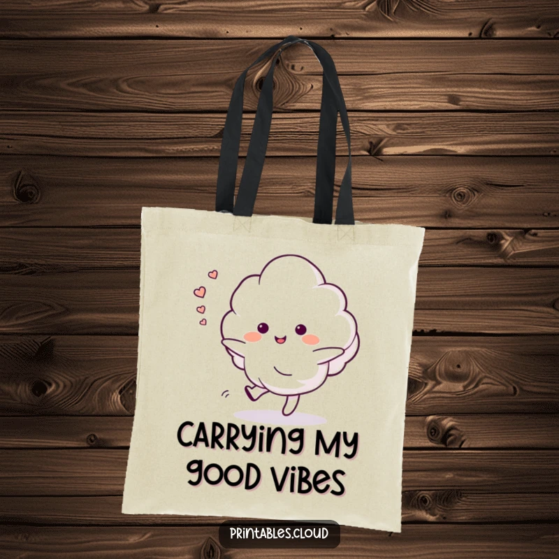 Funny tote bag with a dancing cloud character leaving a trail of happy sighs, perfect for carrying essentials with a serene message.