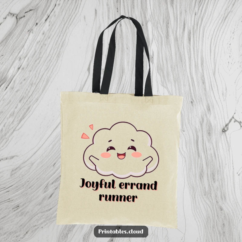 Funny tote bag illustration of a blissful cloud character posing joyfully, exhaling a happy sigh, perfect for everyday use.