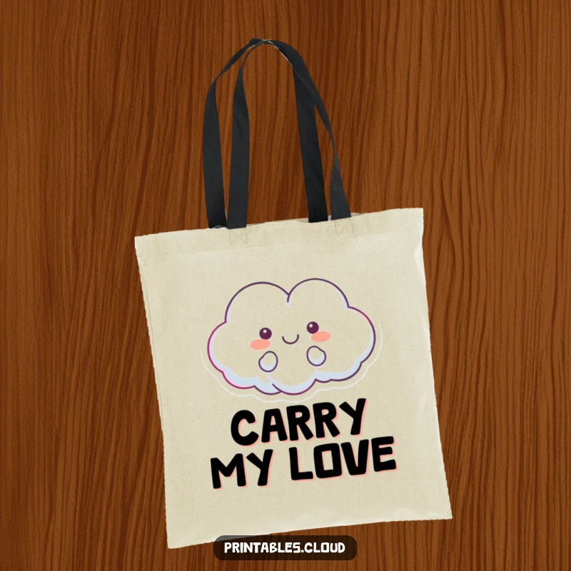 Funny tote bag featuring a heart-shaped cloud character floating happily, perfect for carrying items with a message of love and joy.