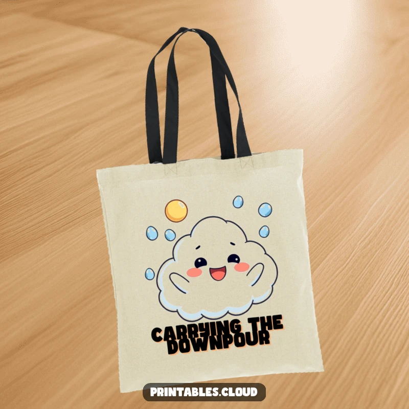 Funny tote bag with a happy cloud character playfully juggling falling raindrops, perfect for everyday whimsical use.