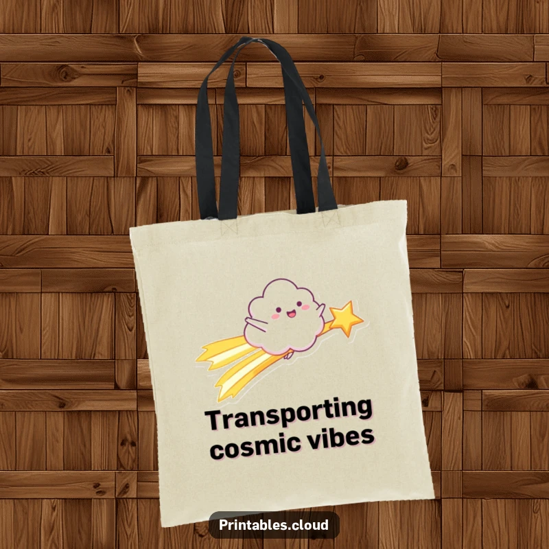 Funny Tote Bag: A happy cloud character rides a shooting star with arms outstretched, perfect for carrying joys.