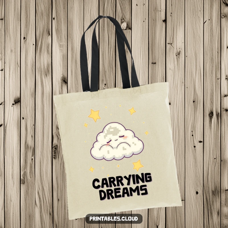 Funny tote bag featuring a sleepy cloud character peacefully drifting across a starry night sky, a humorous and serene accessory.