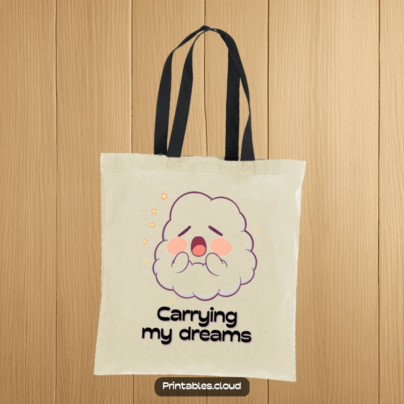 Funny Tote Bag: A cute sleepy cloud character yawns, releasing a soft stream of glowing dust, a humorous and charming accessory.