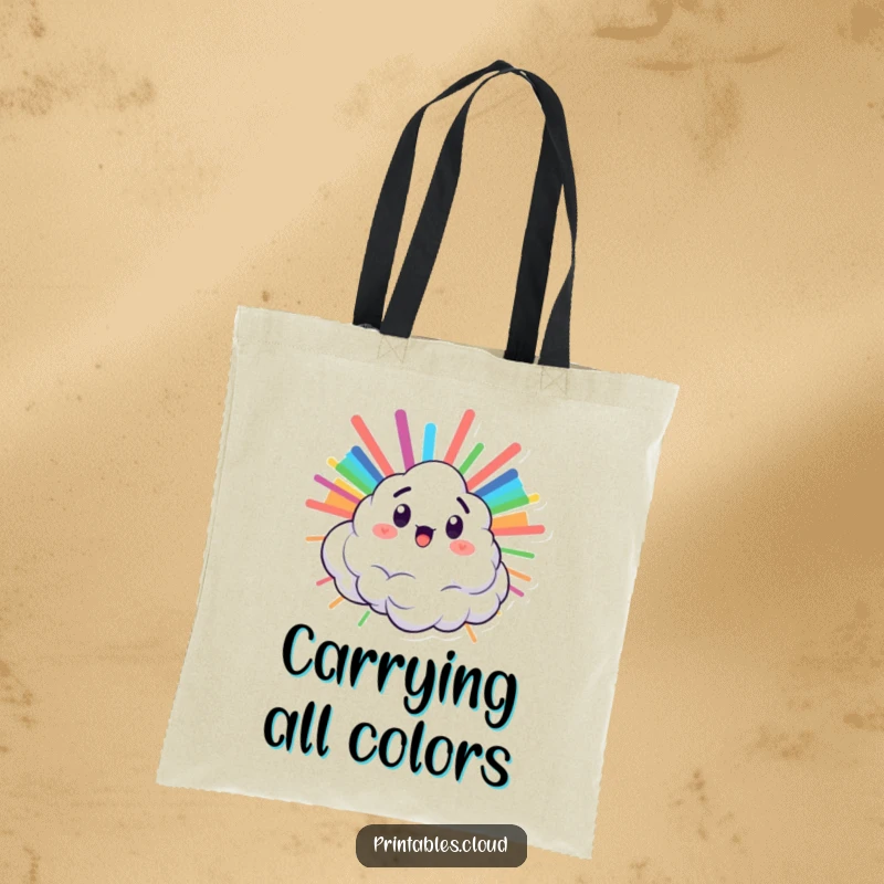 Funny tote bag with a surprised cloud character bursting with a vibrant rainbow, ideal for carrying colorful essentials.