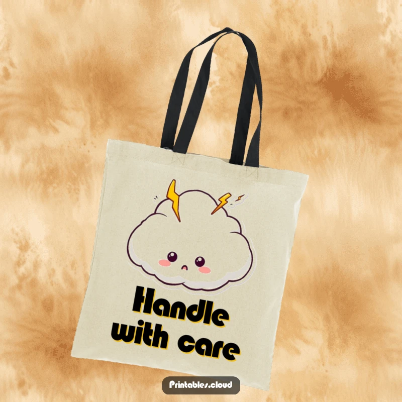 Funny tote bag with a surprised cloud character amidst crackling lightning bolts, perfect for statement-making.