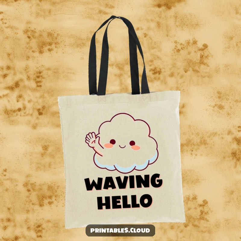 Funny Waving Cloud Tote Bag with a fluffy cloud character extending a playful arm in a friendly wave, perfect for carrying essentials humorously.